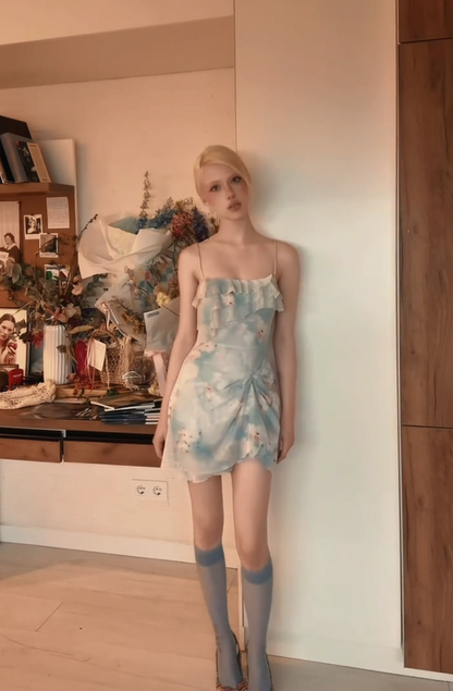 Dreamy Sky Blue Spaghetti Straps Ruffled Floral Print Side Knot Twist Ruched Chiffon Short A Line Homecoming Dress AS1007