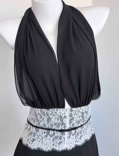 Vintage Black Halter Deep V Neck Lace Waistband A Line Chiffon Short Homecoming Dress AS1009