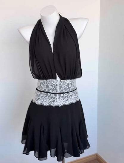 Vintage Black Halter Deep V Neck Lace Waistband A Line Chiffon Short Homecoming Dress AS1009