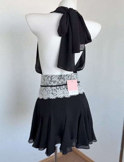 Vintage Black Halter Deep V Neck Lace Waistband A Line Chiffon Short Homecoming Dress AS1009
