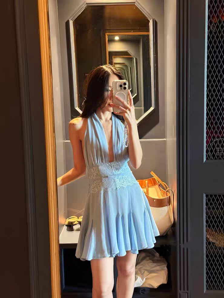 Vintage Black Halter Deep V Neck Lace Waistband A Line Chiffon Short Homecoming Dress AS1009