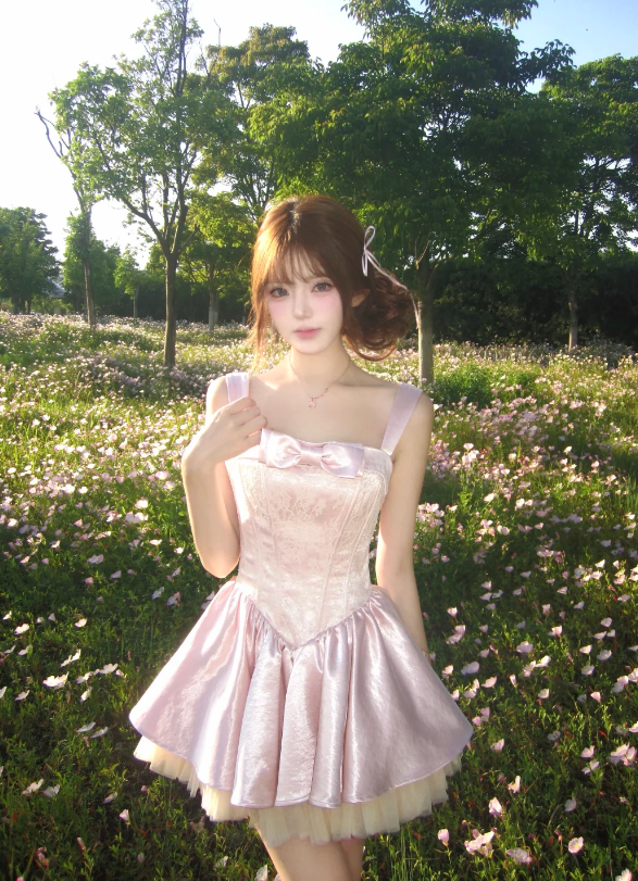 Cute Light Pink Wide Satin Straps Square Neck Front Bow Embossed Lace Corset A Line Satin Skirt Inner Tulle Short Homecoming Dress AS1011