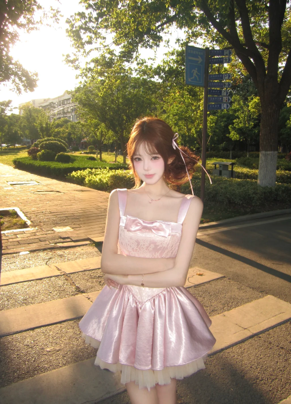 Cute Light Pink Wide Satin Straps Square Neck Front Bow Embossed Lace Corset A Line Satin Skirt Inner Tulle Short Homecoming Dress AS1011