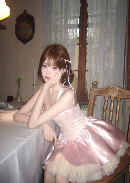 Cute Light Pink Wide Satin Straps Square Neck Front Bow Embossed Lace Corset A Line Satin Skirt Inner Tulle Short Homecoming Dress AS1011