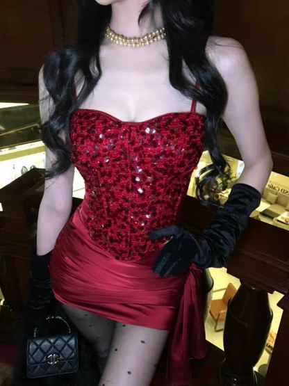 Vivid Red Spaghetti Straps Sweetheart Neck Beaded Corset Bodice Side Drape Ruched Satin Bodycon Short Homecoming Dress AS1012
