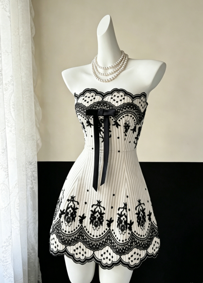 Vintage White Strapless Black Floral Lace Trim Front Satin Bow Vertical Pinstripe A Line Short Homecoming Dress AS1013