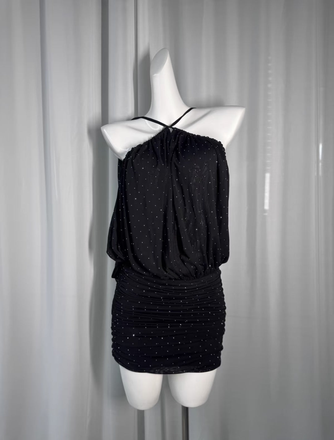 Glamorous Black Cross Tie Halter All Over Tiny Sparkle Rhinestone Sheer Overlay Hip Ruched Mesh Bodycon Mini Homecoming Dress AS1014