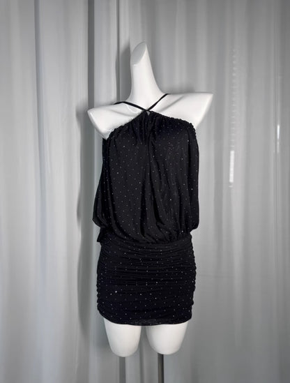 Glamorous Black Cross Tie Halter All Over Tiny Sparkle Rhinestone Sheer Overlay Hip Ruched Mesh Bodycon Mini Homecoming Dress AS1014