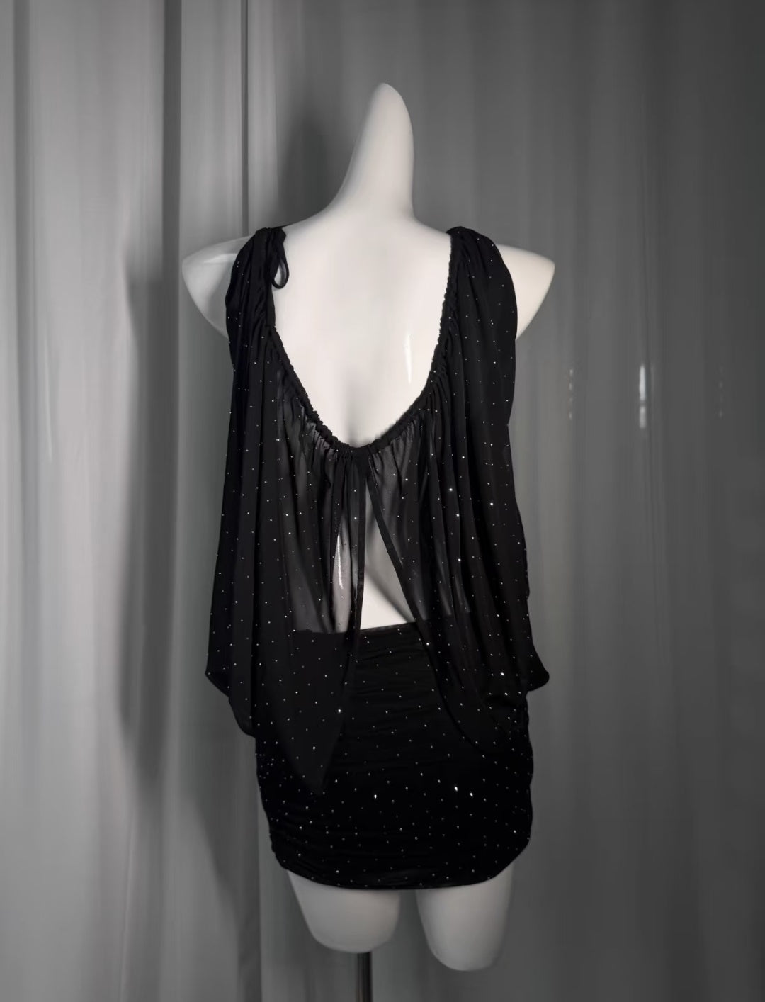 Glamorous Black Cross Tie Halter All Over Tiny Sparkle Rhinestone Sheer Overlay Hip Ruched Mesh Bodycon Mini Homecoming Dress AS1014