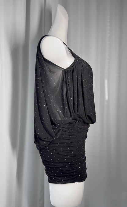 Glamorous Black Cross Tie Halter All Over Tiny Sparkle Rhinestone Sheer Overlay Hip Ruched Mesh Bodycon Mini Homecoming Dress AS1014