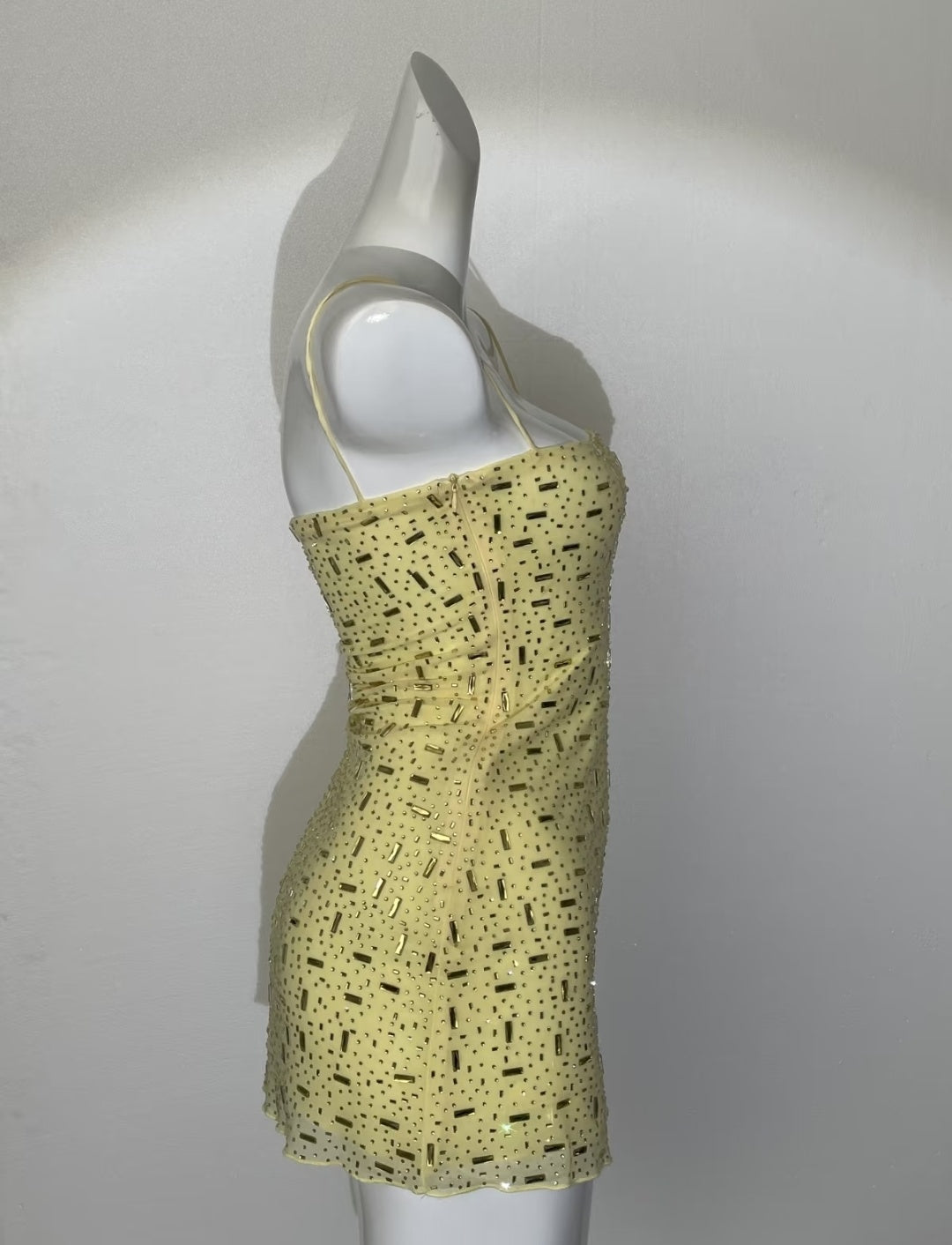 Luxuriant Yellow Spaghetti Straps Fully Encrusted Mixed Rectangle & Dot Rhinestone Bodycon Mini Homecoming Dress AS1015