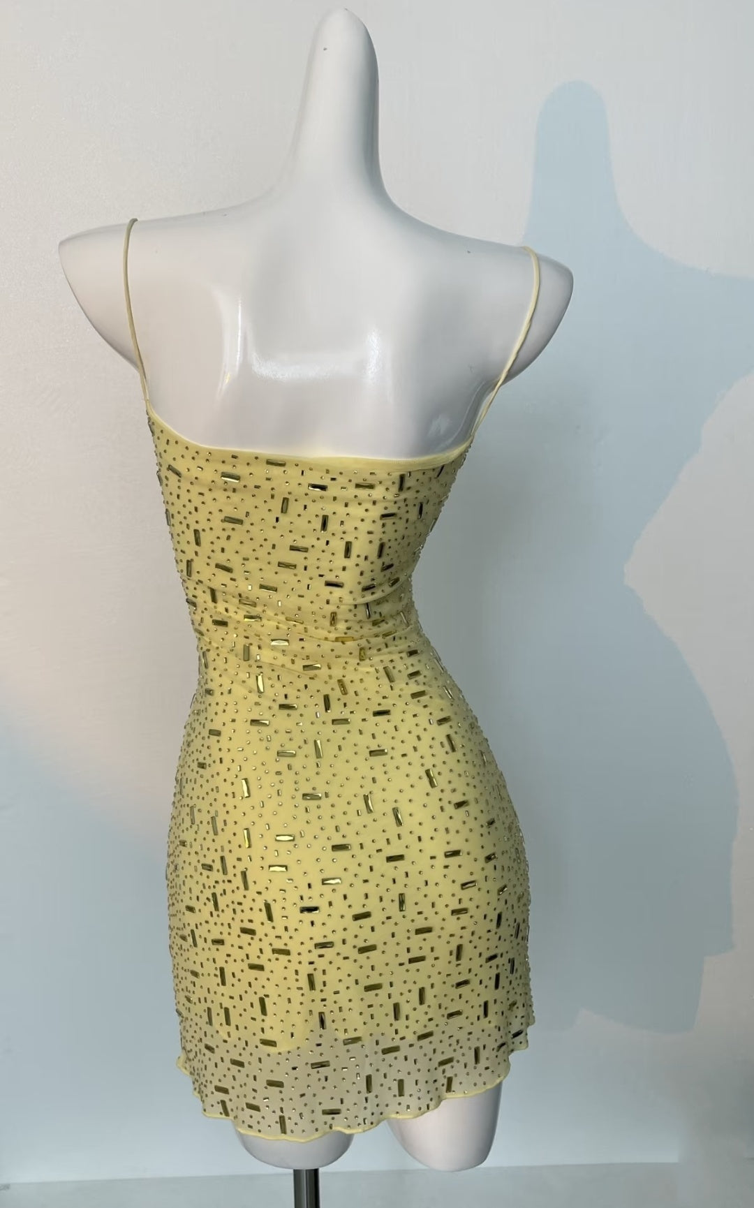 Luxuriant Yellow Spaghetti Straps Fully Encrusted Mixed Rectangle & Dot Rhinestone Bodycon Mini Homecoming Dress AS1015