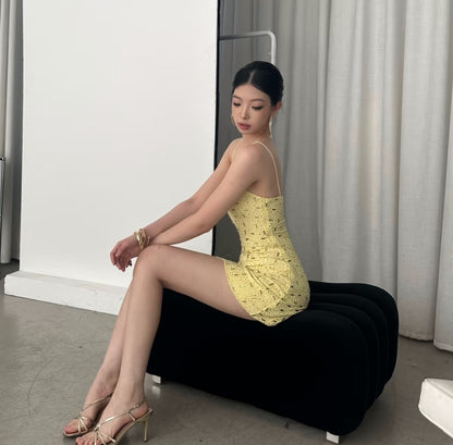 Luxuriant Yellow Spaghetti Straps Fully Encrusted Mixed Rectangle & Dot Rhinestone Bodycon Mini Homecoming Dress AS1015