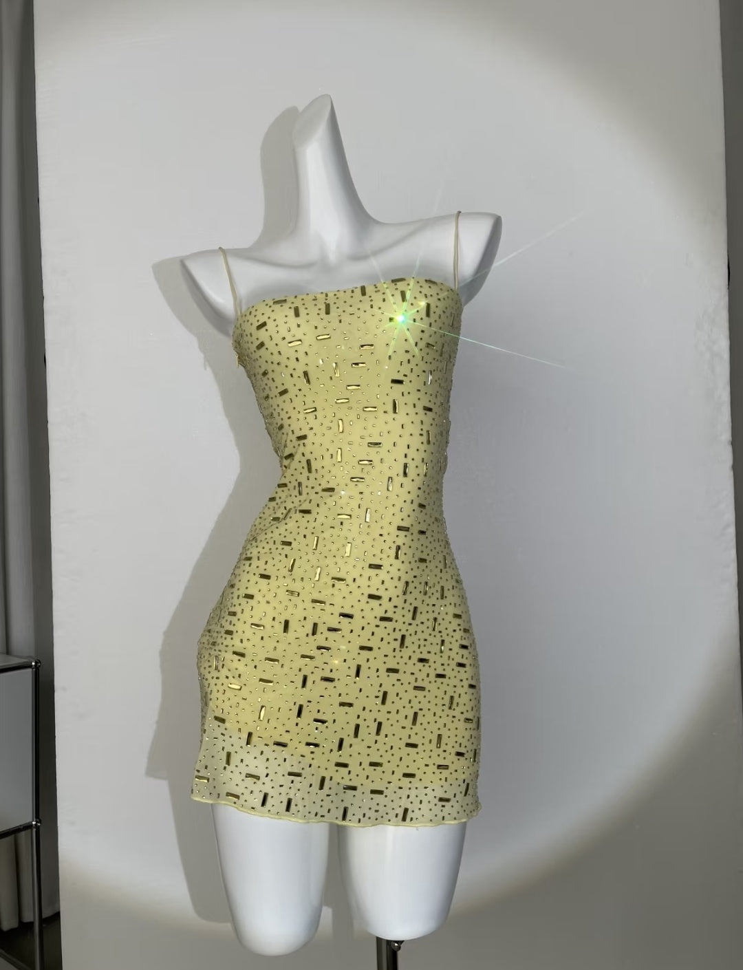 Luxuriant Yellow Spaghetti Straps Fully Encrusted Mixed Rectangle & Dot Rhinestone Bodycon Mini Homecoming Dress AS1015