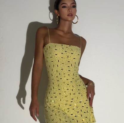 Luxuriant Yellow Spaghetti Straps Fully Encrusted Mixed Rectangle & Dot Rhinestone Bodycon Mini Homecoming Dress AS1015