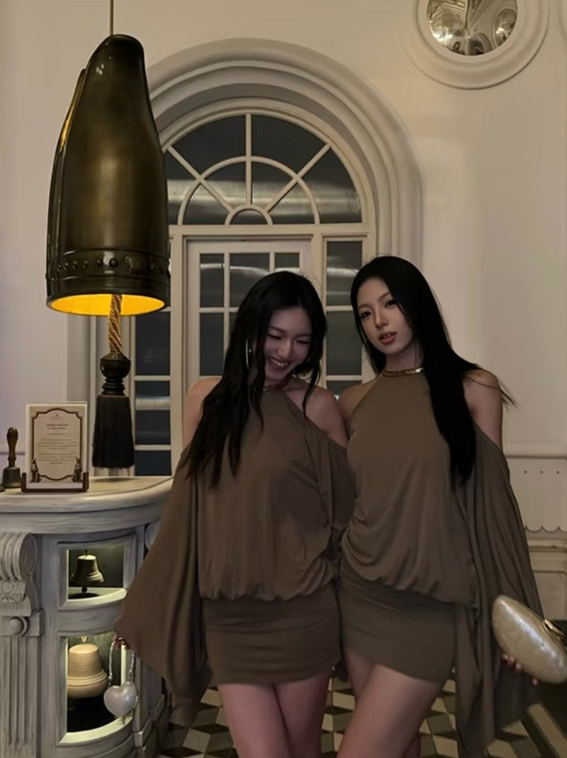 Sultry Brown Gold Halter Open Back Sequin Applique Metallic Beaded Chain Flowy Long Sleeves Mini Bodycon Homecoming Dress AS1017