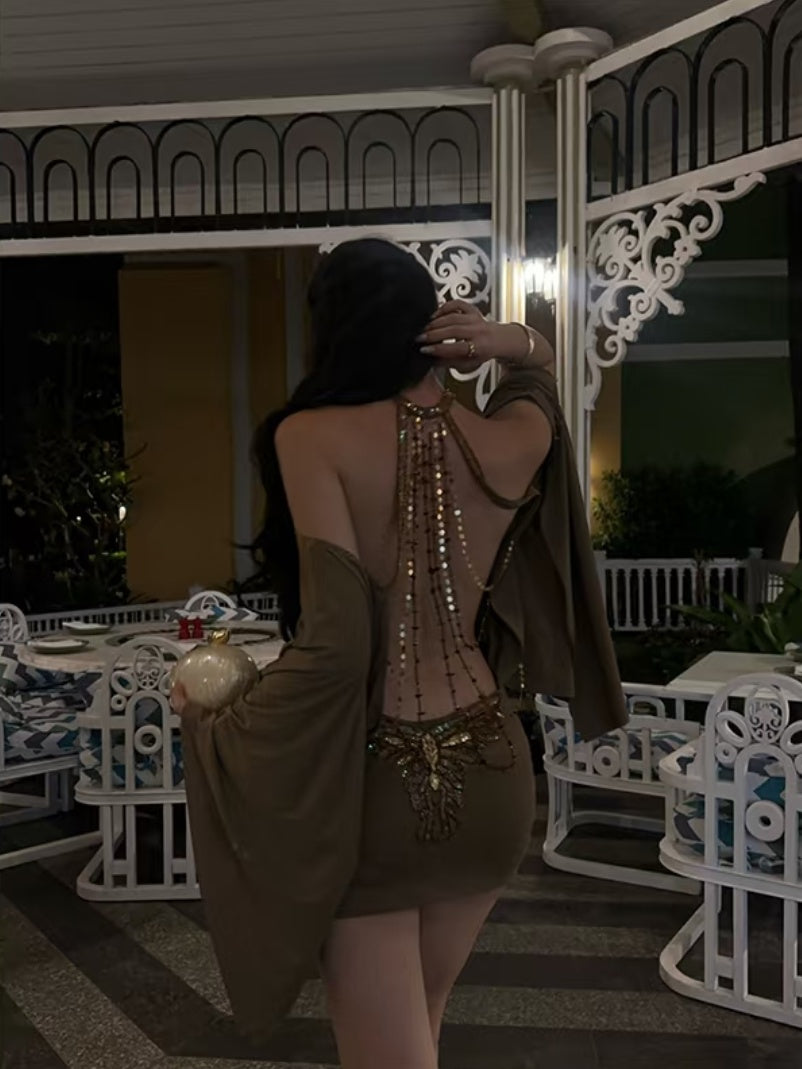 Sultry Brown Gold Halter Open Back Sequin Applique Metallic Beaded Chain Flowy Long Sleeves Mini Bodycon Homecoming Dress AS1017