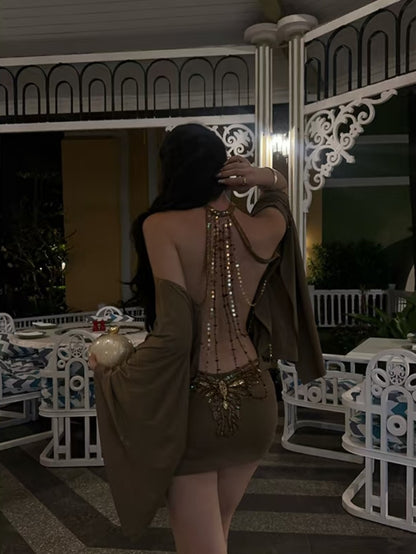 Sultry Brown Gold Halter Open Back Sequin Applique Metallic Beaded Chain Flowy Long Sleeves Mini Bodycon Homecoming Dress AS1017
