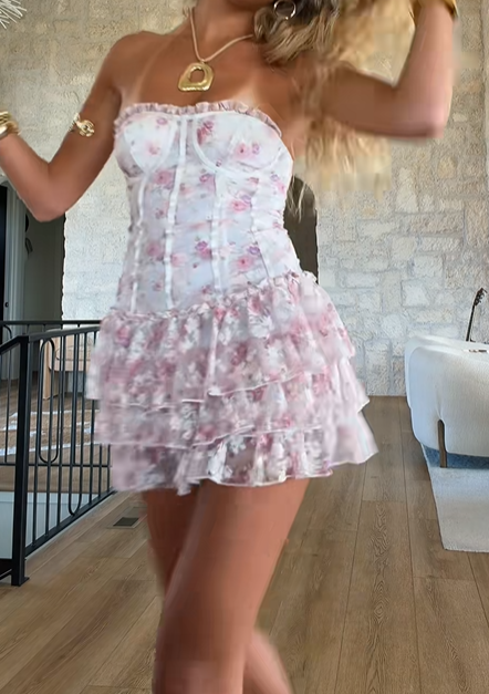 Romatic Pink Floral Print Strapless Corset Multi-Layer Tiered Ruffle A Line Mini Homecoming Dress AS1020