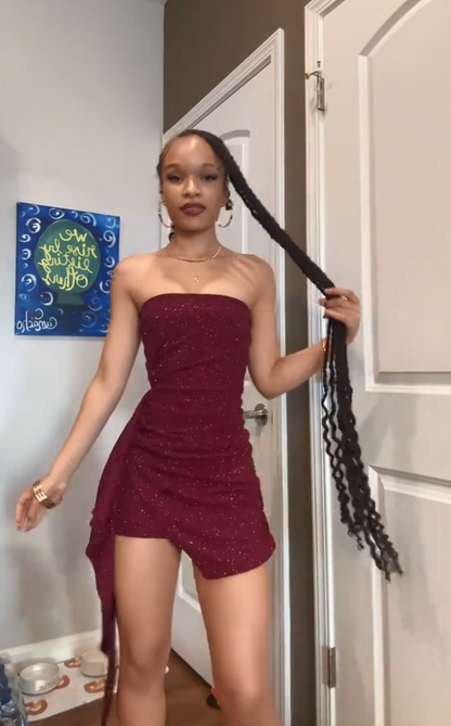 Sultry Burgundy Strapless Glitter Sparkle Side Ruched Long Sash Bodycon Mini Homecoming Dress AS1022