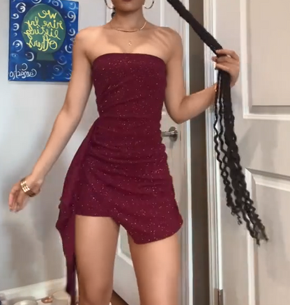 Sultry Burgundy Strapless Glitter Sparkle Side Ruched Long Sash Bodycon Mini Homecoming Dress AS1022