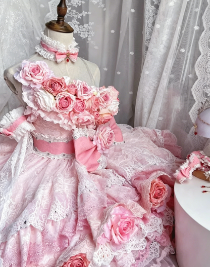 Whimsical Pink Off Shoulder 3D Floral Appliqué White Lace Multi Tier Ruffle Tulle Ballgown Lolita Big Bow Short Homecoming Dress AS1023