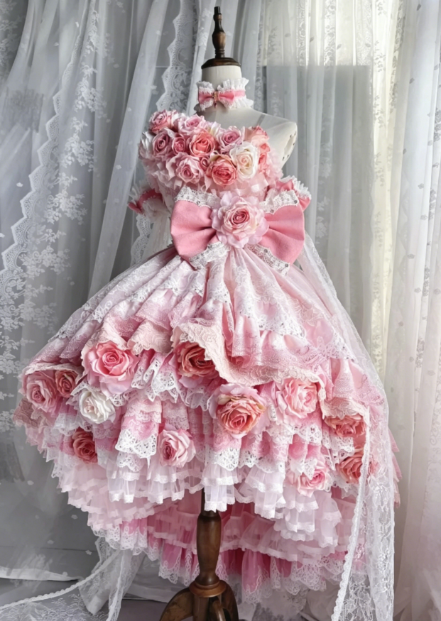 Whimsical Pink Off Shoulder 3D Floral Appliqué White Lace Multi Tier Ruffle Tulle Ballgown Lolita Big Bow Short Homecoming Dress AS1023