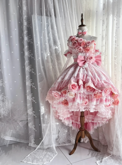 Whimsical Pink Off Shoulder 3D Floral Appliqué White Lace Multi Tier Ruffle Tulle Ballgown Lolita Big Bow Short Homecoming Dress AS1023