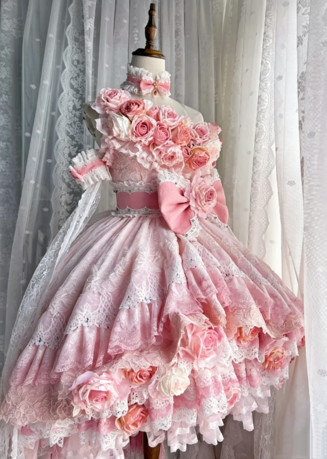 Whimsical Pink Off Shoulder 3D Floral Appliqué White Lace Multi Tier Ruffle Tulle Ballgown Lolita Big Bow Short Homecoming Dress AS1023
