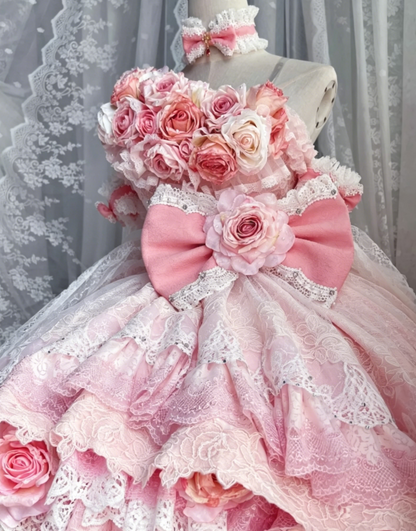 Whimsical Pink Off Shoulder 3D Floral Appliqué White Lace Multi Tier Ruffle Tulle Ballgown Lolita Big Bow Short Homecoming Dress AS1023