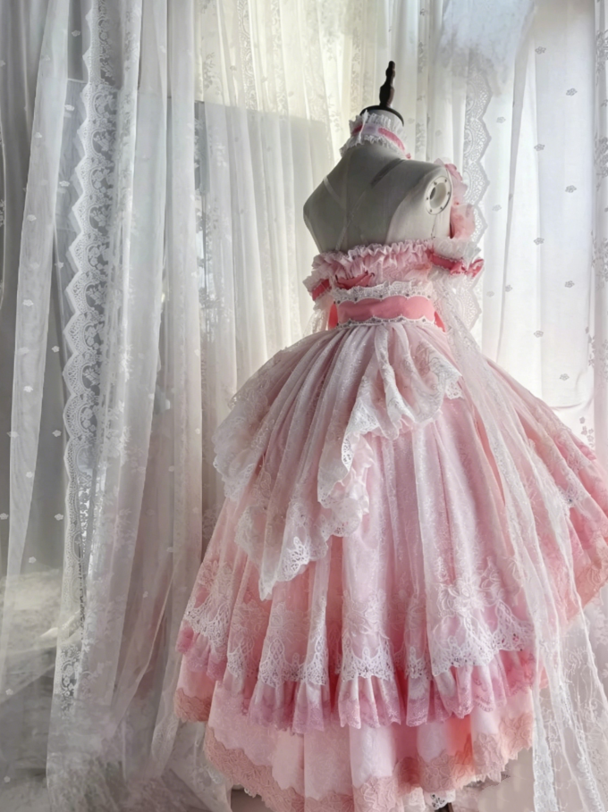 Whimsical Pink Off Shoulder 3D Floral Appliqué White Lace Multi Tier Ruffle Tulle Ballgown Lolita Big Bow Short Homecoming Dress AS1023