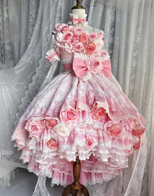 Whimsical Pink Off Shoulder 3D Floral Appliqué White Lace Multi Tier Ruffle Tulle Ballgown Lolita Big Bow Short Homecoming Dress AS1023