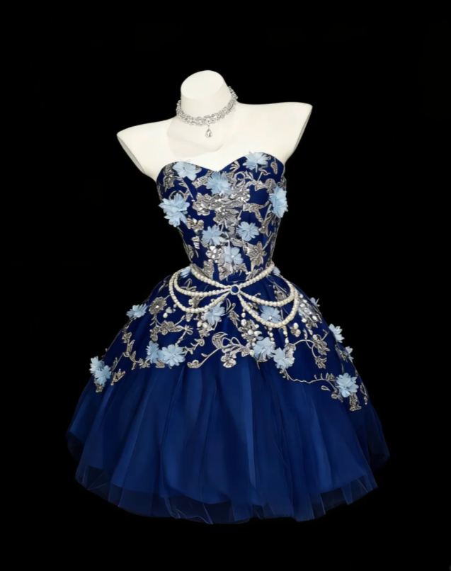 Dainty Blue Strapless Sweetheart Neck Floral Sequin 3D Flower Corset Tulle A Line Short Homecoming Dress AS1024