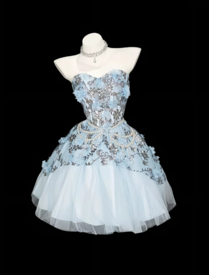 Dainty Blue Strapless Sweetheart Neck Floral Sequin 3D Flower Corset Tulle A Line Short Homecoming Dress AS1024