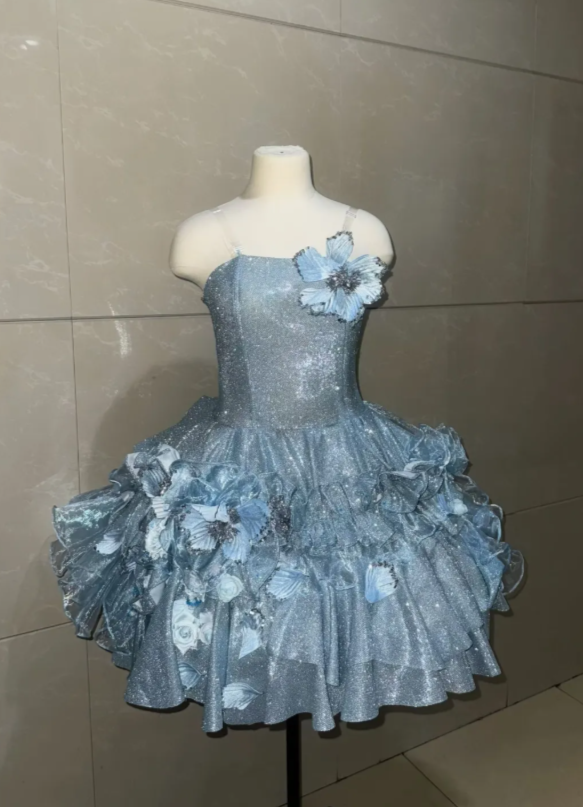 Sparkly Light Blue Strapless Glitter Mesh Large 3D Butterfly Floral Appliqué A Line Short Homecoming Dress AS1026