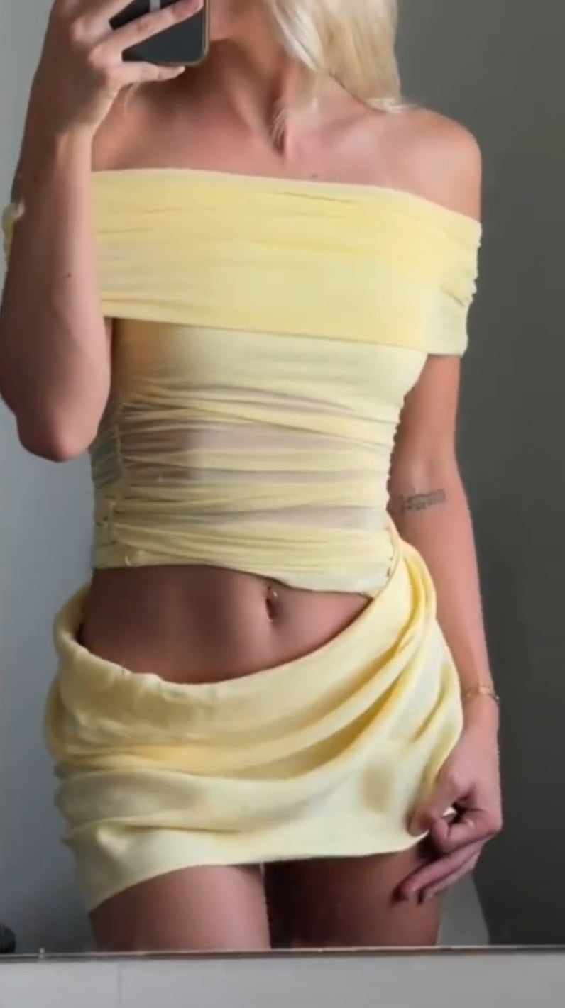 Sultry Yellow Off-The-Shoulder Sheer Mesh Ruched Mini Bodycon Homecoming Dress AS1029