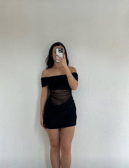 Sultry Yellow Off-The-Shoulder Sheer Mesh Ruched Mini Bodycon Homecoming Dress AS1029