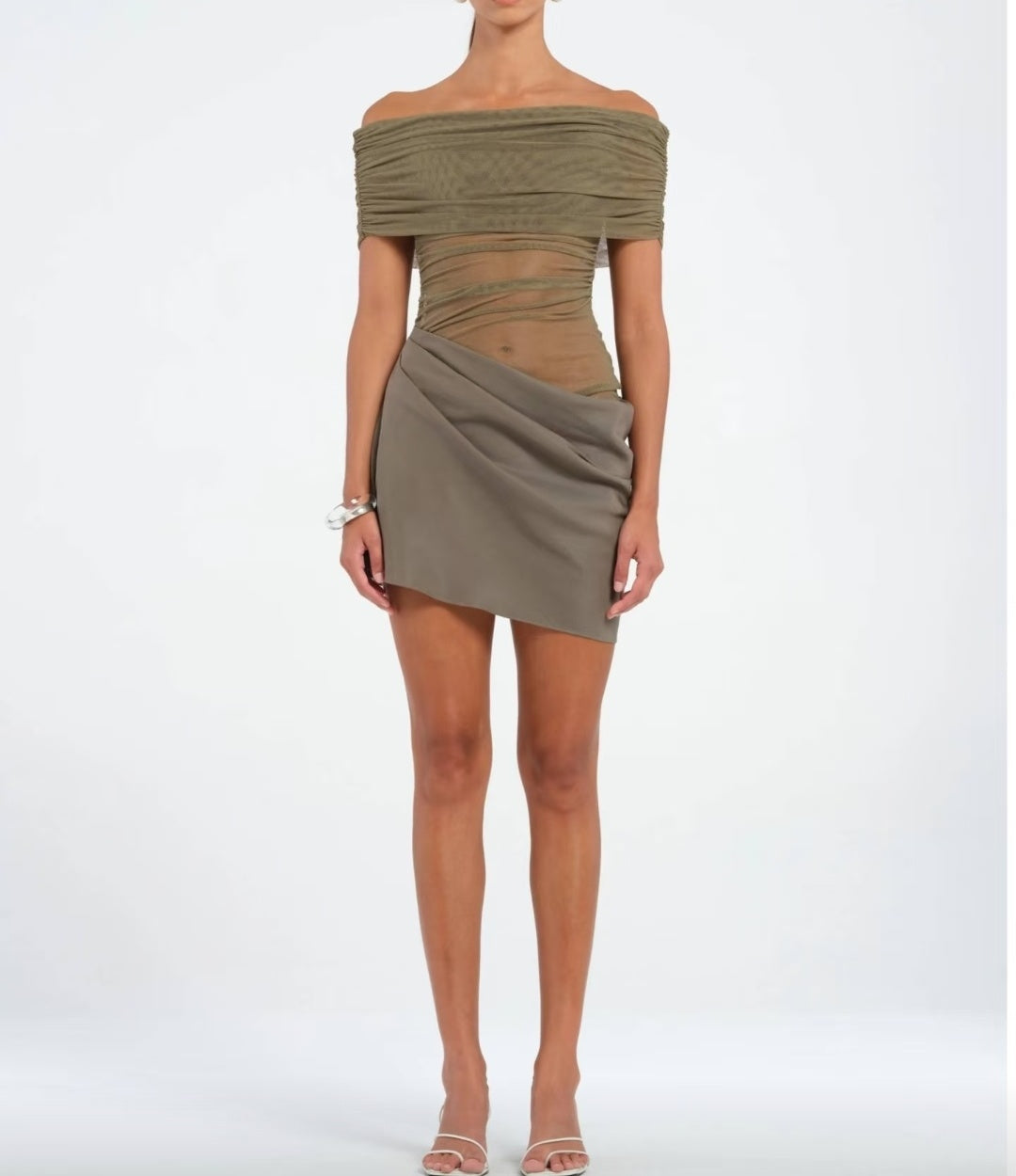 Sultry Yellow Off-The-Shoulder Sheer Mesh Ruched Mini Bodycon Homecoming Dress AS1029