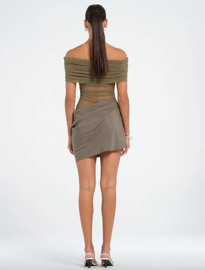 Sultry Yellow Off-The-Shoulder Sheer Mesh Ruched Mini Bodycon Homecoming Dress AS1029
