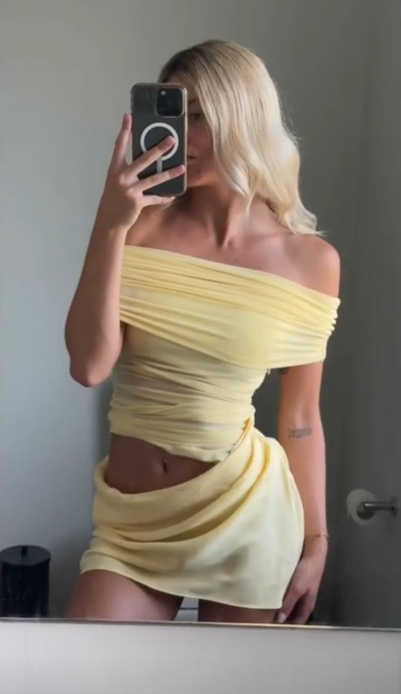 Sultry Yellow Off-The-Shoulder Sheer Mesh Ruched Mini Bodycon Homecoming Dress AS1029