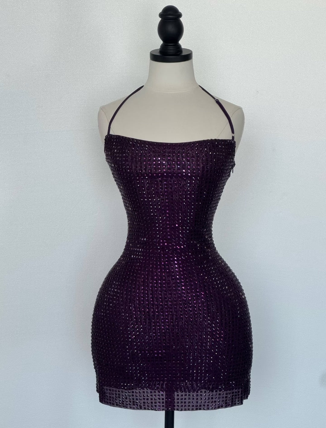 Rich Red Adjustable Thin Halter Strap All Over Rhinestone Sheer Mesh Bodycon Short Homecoming Dress AS1030