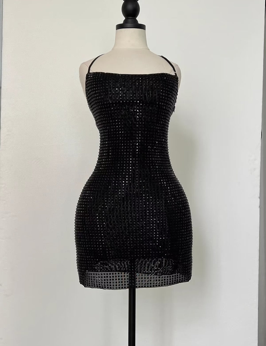 Rich Red Adjustable Thin Halter Strap All Over Rhinestone Sheer Mesh Bodycon Short Homecoming Dress AS1030