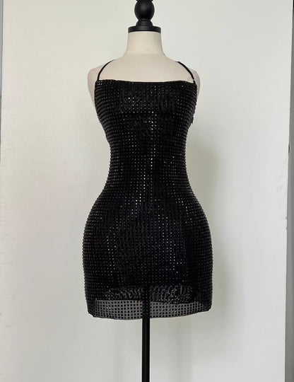 Rich Red Adjustable Thin Halter Strap All Over Rhinestone Sheer Mesh Bodycon Short Homecoming Dress AS1030