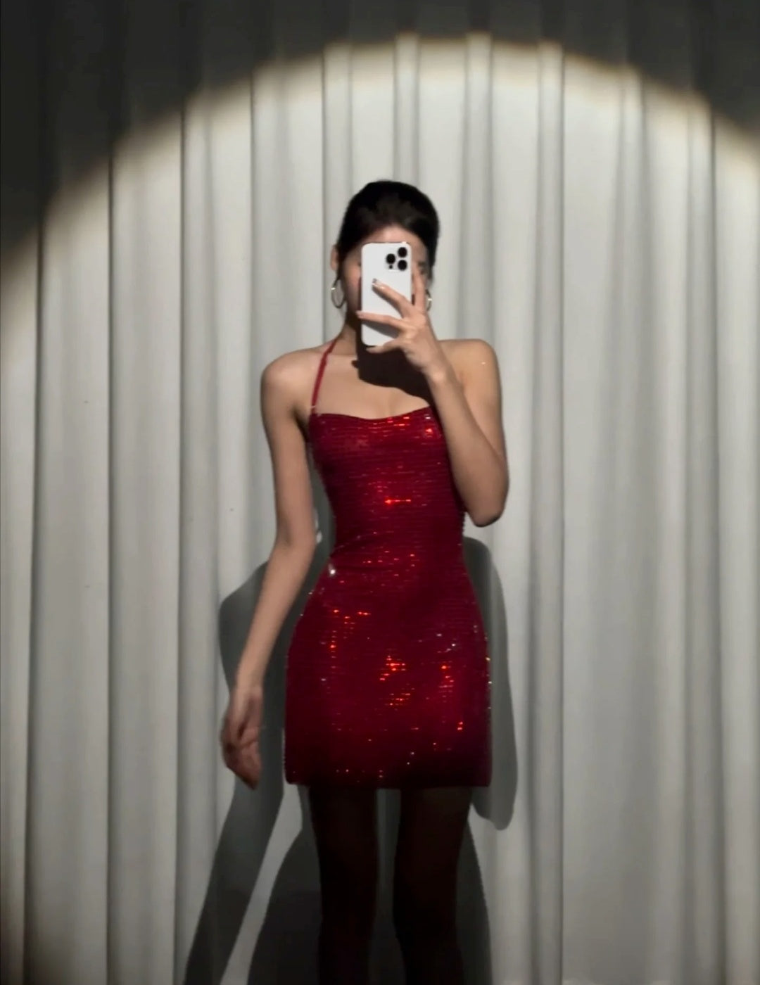 Rich Red Adjustable Thin Halter Strap All Over Rhinestone Sheer Mesh Bodycon Short Homecoming Dress AS1030