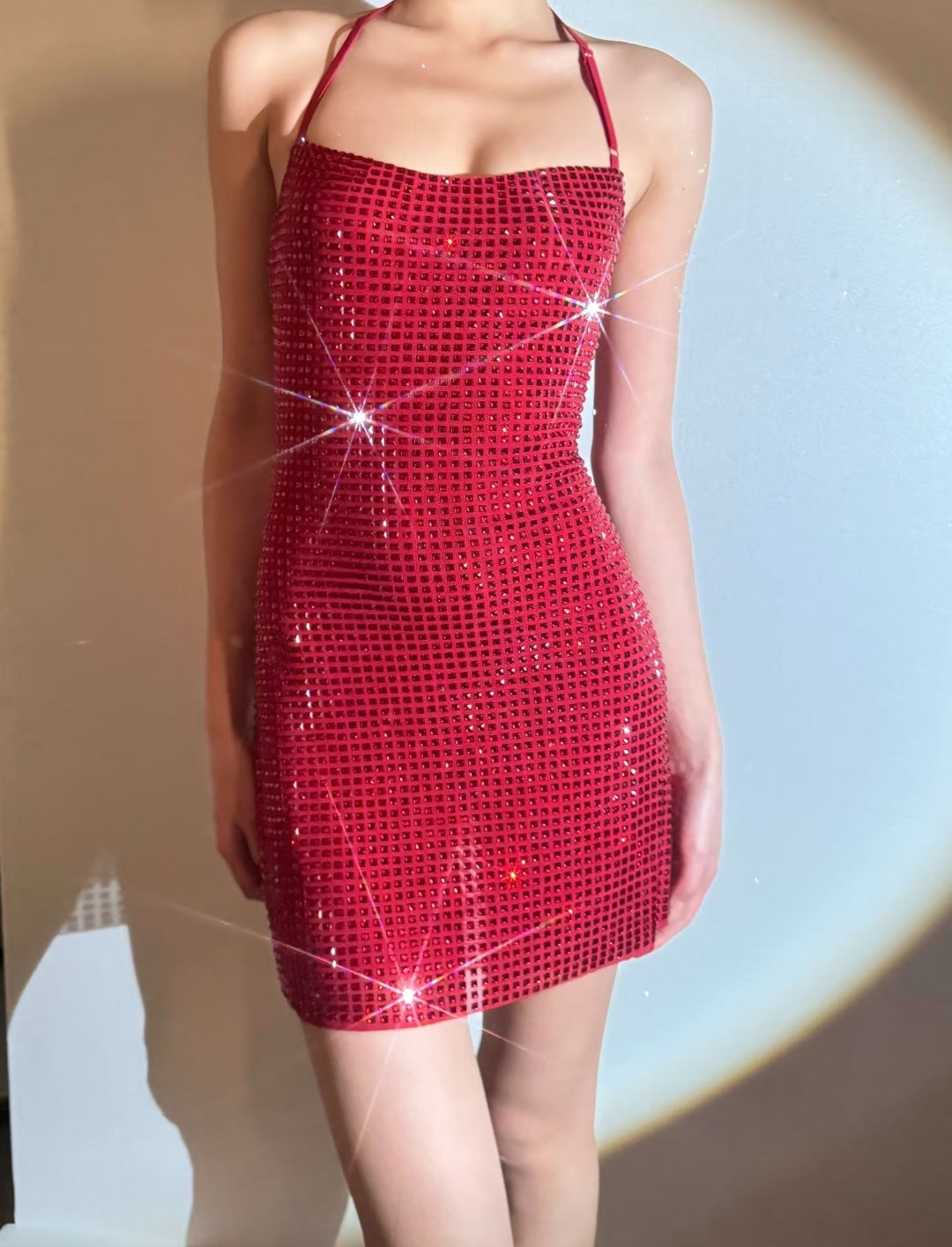 Rich Red Adjustable Thin Halter Strap All Over Rhinestone Sheer Mesh Bodycon Short Homecoming Dress AS1030