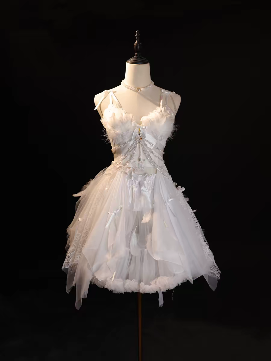 Dainty Angelic Cloud White Spaghetti Straps Bow Handmade 3D Feather Pearl Chain Multi-Layer Irregular Ruffle Tulle A Line Short Homecoming Dress AS1032