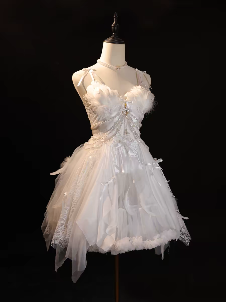 Dainty Angelic Cloud White Spaghetti Straps Bow Handmade 3D Feather Pearl Chain Multi-Layer Irregular Ruffle Tulle A Line Short Homecoming Dress AS1032