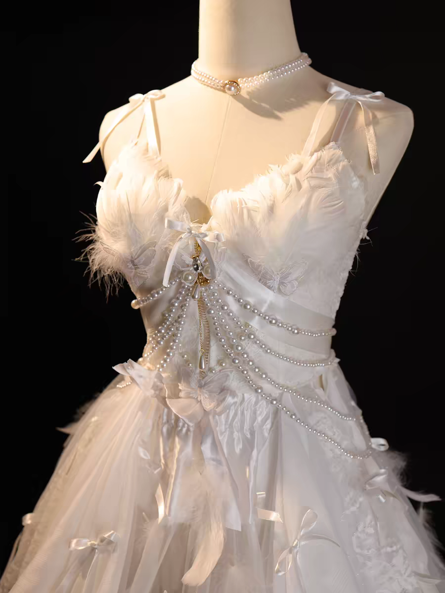 Dainty Angelic Cloud White Spaghetti Straps Bow Handmade 3D Feather Pearl Chain Multi-Layer Irregular Ruffle Tulle A Line Short Homecoming Dress AS1032