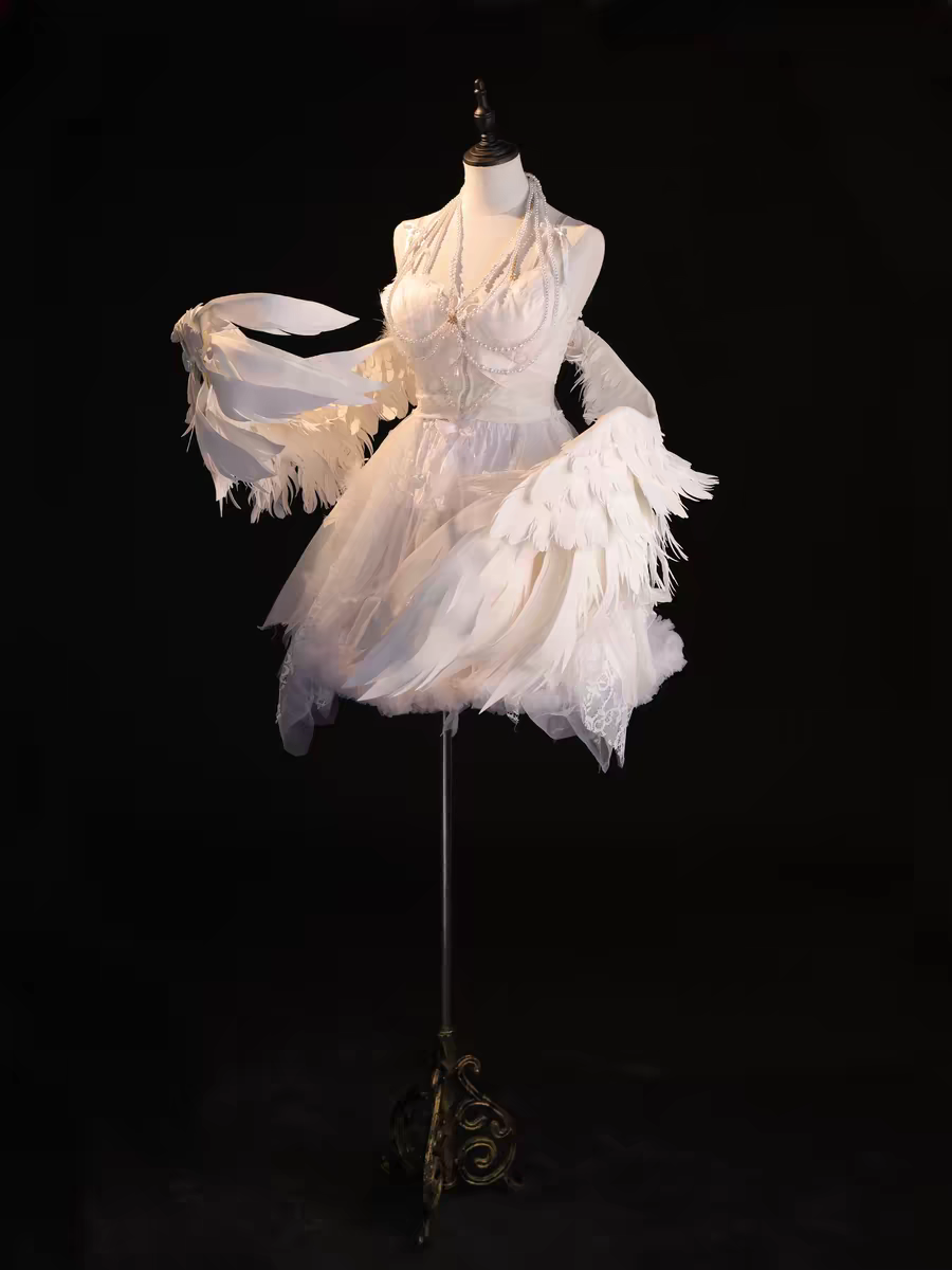 Dainty Angelic Cloud White Spaghetti Straps Bow Handmade 3D Feather Pearl Chain Multi-Layer Irregular Ruffle Tulle A Line Short Homecoming Dress AS1032