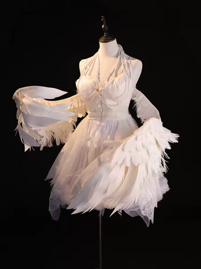 Dainty Angelic Cloud White Spaghetti Straps Bow Handmade 3D Feather Pearl Chain Multi-Layer Irregular Ruffle Tulle A Line Short Homecoming Dress AS1032